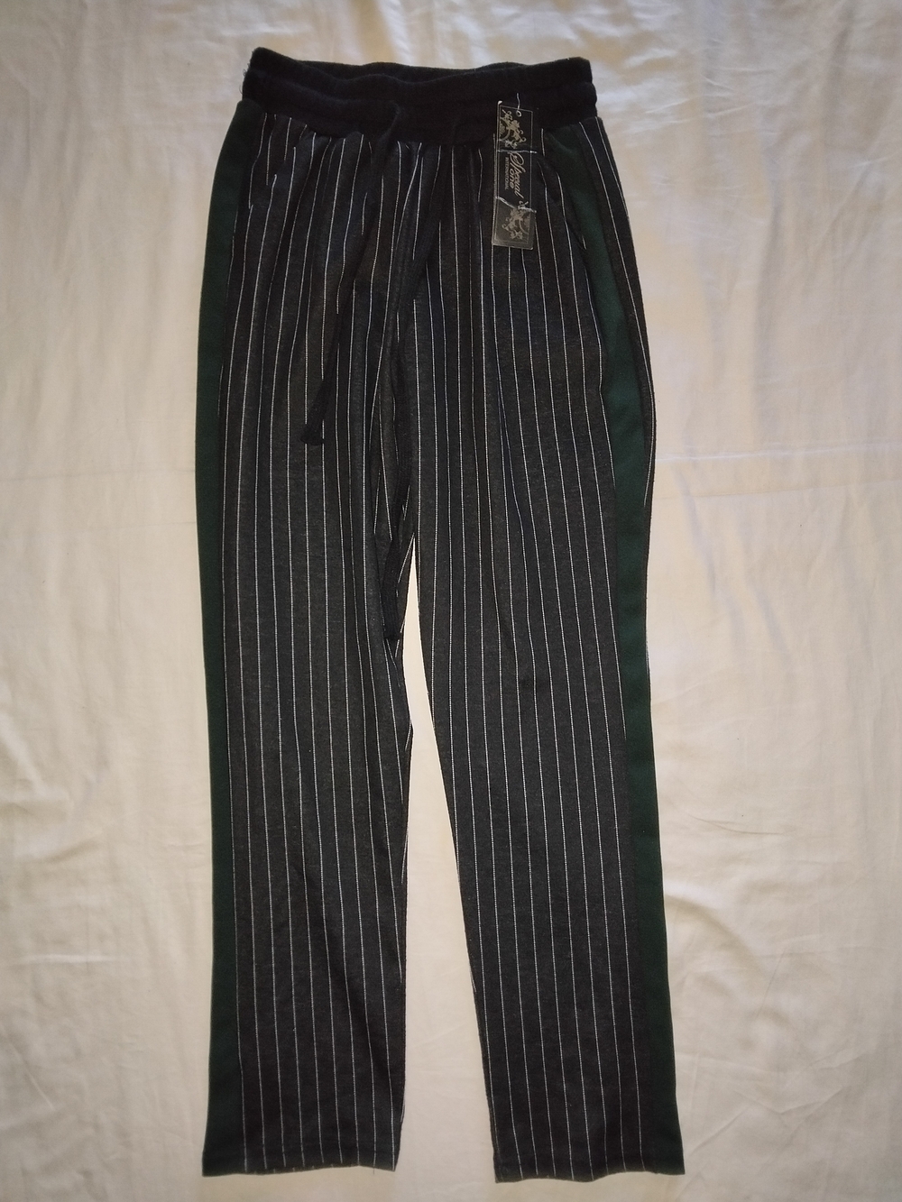 Black Pinstripe Joggers with Green Side Panels